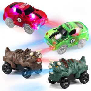 Voiture Enfant - Jouet Enfant 3 Ans 4 in 1 Dinosaure Jouet avec LED Rouge Bleu Clignotantes 4 Petites Voitures Cadeau Enfant 3 Ans Jeu 3 Ans Garçon Fille Cars Compatible avec Circuit Voiture Enfants (Dinfun, neuf)