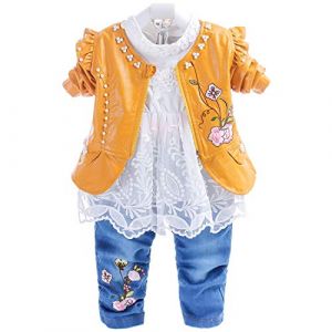 YYA 6M-4A bébé et Enfant en Bas âge Filles 3pcs Ensemble de vêtements T-Shirt à Manches Longues Veste en Cuir et Jean (3-4Ans, Jaune -Fleur (LittleWish, neuf)