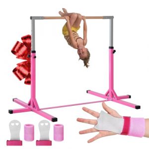 Gym Bar Barre Fixe de Gymnastique pour Enfant Rose | 13 Niveaux Ajustables de 90 à 150 cm | En Acier et Bois Massif en Hêtre | Kit de Protection Offert | Usage Intérieur Extérieur | Aerobik (Original-Corner, neuf)