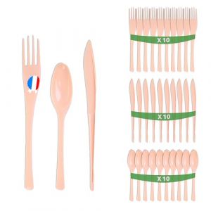 Set 30 couverts couleur ivoire en plastique dur - Fabriqu&eacute;e en France - M&eacute;nag&egrave;re de 10 fourchettes, 10 couteaux, 10 cuill&egrave;res - R&eacute;utilisables et recyclables - Passe au lave vaisselle - Table'Colors (VAISSELLE DISCOUNT, neuf)