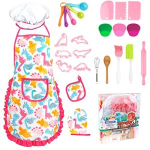 KAEGREEL Kit Petit Chef Cuisine Enfant avec Tablier Dinosaure, 26 Pièces Jouet Cuisine Ustensile avec Toque Cuillères Fouet, Chef Jeu de Rôle Cadeaux pour Garçons Filles 3 4 5 6 7 Ans (Rose) (KAEGREEL, neuf)