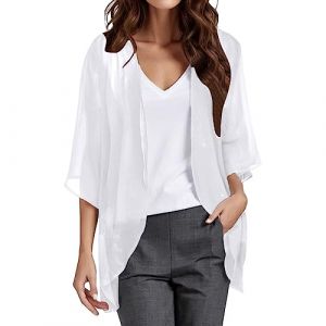 Cardigan Mousseline Boléro Femme Court Soie Gilet Été Chic et Elegant 3/4 à Manches Évasées Boléro Veste Léger Plage Châle pour Robe T Shirt Décontracté Soirée Cérémonie Cardigan Manches Longues (UoUa1245, neuf)