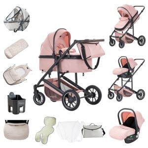Zkiprm Poussette 3-en-1, Système de Voyage Avec Siège Auto, Landau et nacelle, Accoudoirs Réglables, Habillage pluie, Gant, Moustiquaire, Châssis en aluminium, Landau à profil haut pour 0-4 ans,Rose (Zkiprm, neuf)