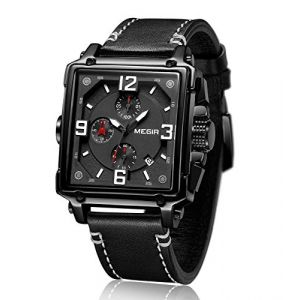MEGIR Montre Homme Carré Cadran Noir Quartz Analogique Homme Etanche Chronographe Mode Sport Montre en Affichage Date Bracelet en Cuir 2061G (ForraderDirect, neuf)