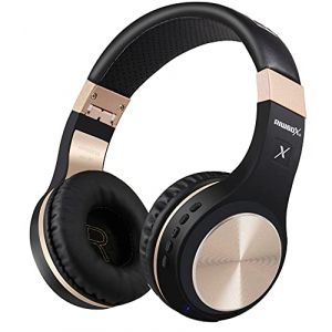 Riwbox XBT-80 Casque Audio stéréo sans Fil et Filaire Bluetooth Pliable Supra-Auriculaire avec Micro et contrôle du Volume pour PC/téléphone Portable/télé/iPad (Noir et Or) (SOOGOOD, neuf)