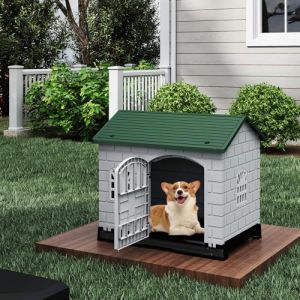 GOPLUS Niche pour Chien Exterieur en PP, Cabane Chien Exterieur Interieur avec 3 Fenêtres, Porte Verrouillable, Toit en Pente, Plateau de Toilette Amovible, Ventilé&Imperméable, 75 x 58 x 65 CM (Vert) (Augenstern24, neuf)