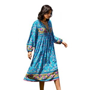 R.Vivimos Femmes Robe de Plage &agrave; Manches Longues &agrave; imprim&eacute; boh&egrave;me Chic d&eacute;contract&eacute; Robe &eacute;l&eacute;gante Longue midi Robe de Vacances(L,DarkTurquoise) (Jian Mei E-commerce Co., Ltd., neuf)