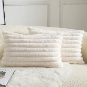 Mandioo Lot de 2 Housse de Coussin Rayures Fausse Fourrure Doux Confortable Taie d'oreiller Decoration Maison Salon Chambre pour Canap&eacute; 30X50 CM Blanc Laiteux (Mandioo_eur, neuf)