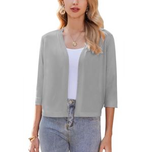 Zeagoo Bol&eacute;ro &eacute;l&eacute;gant pour femme - Cardigan court - Veste bol&eacute;ro manches 3/4 - Veste d'&eacute;paule festive - Veste courte pour robe - Cardigan ouvert devant S-XXL, gris, L (Zeagoo direct, neuf)