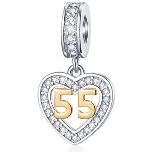 Charms d'anniversaire de 55 ans pour bracelet de retraite pandora, pendentif num&eacute;ro 55 en or 18 carats, Pendentif coeur 55th birthday en argent sterling, cadeaux pour grands pere/f&ecirc;te des grands m&egrave;res (Xusheng Jewelry, neuf)
