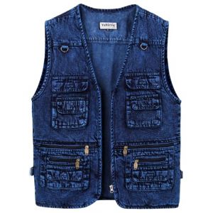 Yukirtiq Gilet en Jean pour Homme Cowboy Gilet Moto Multipoches Veste en Jean Sans Manche Denim Gilet Biker, Bleu fonc&eacute;, 4XL (Yukirtiq, neuf)