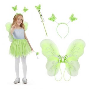 Alaoo Ensemble de Deguisement Fee, 3 Pi&egrave;ces Deguisement Fille -Ailes, Baguette, D&eacute;guisements de f&eacute;e Papillon Ailes de Fee Enfant D&eacute;guisements Princesse pour Enfant Fille Cosplay Carnaval Party, Vert (Alaoo, neuf)