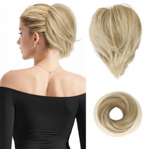 BARSDAR Raides Chignon Postiche Cheveux, Synthétique Court Queue de Cheval Extensions Chouchou Postiche Cheveux pour Femmes Élastique Facile Queue de Cheval - Mixte Blond & Blanchi Blond Tips (BARSDAREU, neuf)