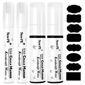 NowPE Feutre Craie Blanc, 2 Pièce Marqueurs Craie 10mm + 2 Pièce Stylo Craie Liquide 15mm + 16 Etiquettes de Tableau, Effacable avec Chiffon Humide ou Sec pour Tableau Noir, Mur, Fenêtre et Verre (Xinlucheng-EU, neuf)