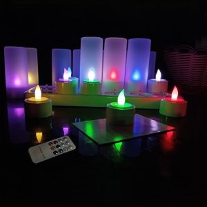 QSPORTPEAK Bougies LED avec télécommande,bougies de thé sans flamme,vacillantes comme de vraies bougies,bougies rechargeables avec station de charge,pour Noël,Halloween,mariage,multicolore,12 pcs (Haoqiwei2017, neuf)