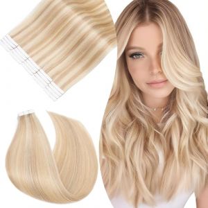 Rich Choices Extension Cheveux Naturel Adhesif Blond 60cm 10pcs Extension Adhesive Blond Extension Cheveux Humain Lisse Soyeux Droit Tape in Extensions (25g, #18/613 Blond Cendré et Blond Clair) (Elailite Direct, neuf)