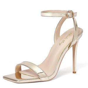 Zhabtuc Talons Aiguilles Femme: Bride de Cheville, Bout Carré Ouvert, Sandales à Talons Sexy et Confortables, Élégantes Chaussures à Talons Hauts, Lacets, Mariage, Fête, Cuir verni doré, 42 EU (Tiance, neuf)