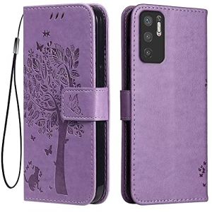 Topme &Eacute;tui en Cuir pour Redmi Note 10 5G / POCO M3 Pro 5G (6.5" inches), [ Coque Housse de T&eacute;l&eacute;phone Style Motif Chat Et Arbre] - Violet Clair (topme, neuf)