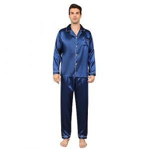 RuanMM Ensemble Pyjama en Satin Soyeux pour Homme, Haut à Manches Longues et Pantalon Long, vêtements de Nuit Soyeux pour Homme (Bleu-M) (Shanghai PinShan Industrial Co., Ltd., neuf)