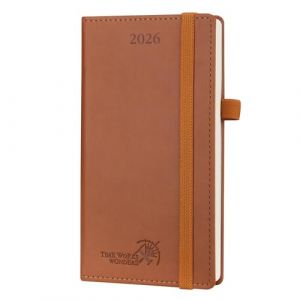POPRUN Agenda de Poche 2026 Semainier 16,5 x 9 cm - Couverture Rigide en PU Cuir, Petit Planner D'Jan 2026 à Déc 2026-12 Mois, Avec signet à 2 rubans, Papier 80 g/m², Marron (Time Works Wonders, neuf)