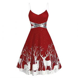 Générique Robe Noel Femme Hiver Vintage Années 50 Pin Up Femme Chic Elegante Robe de Noël avec Coutures en Fourrure Col en V Noël Femmes épaule Imprimer Vintage Robe De Soirée Robe évasée (Qingyak, neuf)