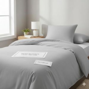 Parure de Couette 3 Pi&egrave;ces 1 Personne 90x190 cm &ndash; 100% Coton 57 Fils/cm&sup2; &ndash; 1 Housse de Couette 140x200 cm + 1 Drap Housse + 1 Taie d&rsquo;Oreiller 50x70 cm &ndash; Douce, Respirante et Confortable (ARGENT) (COSY DESTOCK, neuf)