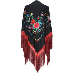 La Senorita Foulard Ceinture Chale De Danse Flamenco Broderie Frange double noir fleurs colorées (Robe Espagnole, neuf)