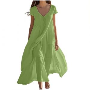 Femme Robe Boheme Chic Coton Lin Manches Longues/Manches Courtes Robe Col V Elegant Robes Swing D'éTé Plage DéContracté Maxi Robes Grande Taille Couleur Unie BohèMe Mi-Longue Dress (HAOLEI  FR, neuf)