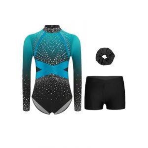 RUNQHUI Fille 3 Pi&egrave;ces Ensemble Gymnastique Justaucorps Manches Longues avec Short et Bandeau des Cheveux Tenue Gymnastique Strass pour Comp&eacute;tition Spectacle A Bleu clair 5-6 ans (RUNQHUI, neuf)