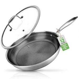 Nutrichef Poêle en Acier Inoxydable 12" – Poêle Wok de Cuisine Triply avec Revêtement Antiadhésif DAKIN, Structure en Nid d'Abeilles Résistante aux Rayures avec Texture de Feu (GEP Sales EU, neuf)