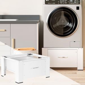 Ikodm Lot de 2 supports de machine à laver avec tiroir jusqu'à 150 kg, rehausseur de machine à laver, socle max. en acier 62,5 x 54,5 x 32,5 cm, blanc (Chito-Eu*, neuf)