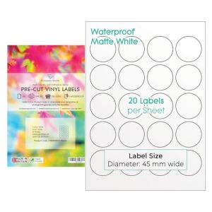 Evergreen Goods étiquettes rondes circulaire prédécoupées | Blanc mat imperméable | 45mm - 20 étiquettes/feuille, 200 au total (10 A4 Feuilles) | Impression jet d'encre/laser (Evergreen Goods Ltd, neuf)