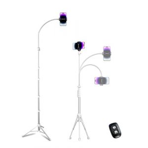 Aureday Tr&eacute;pied t&eacute;l&eacute;phonique 225 cm, tuyau flexible 38 cm, rotatif 360&deg;, t&eacute;l&eacute;commande Bluetooth, support iPhone/Android/appareil photo (argent) (AUREEU, neuf)