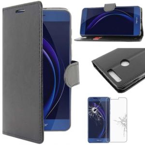 ebestStar - Coque Compatible avec Huawei Honor 8 Etui PU Cuir Housse Portefeuille Porte-Cartes Support Stand, Noir + Film Protection &eacute;cran Verre Tremp&eacute; [Appareil: 145.5 x 71 x 7.5mm, 5.2''] (ebestPro-fr, neuf)