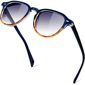 KANASTAL Lunettes de Soleil Femme Polaris&eacute;es R&eacute;tro Lunette de Soleil Ronde Homme Vintage L&eacute;ger Cadre TR90 avec Branches en Ac&eacute;tate Protection UV400, Cadre Bleu L&eacute;opard et Verre Noire (kanastal, neuf)