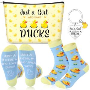 Xuniea Cadeau Inspirant de 3 Pi&egrave;ces pour Femme Trousse &agrave; Cosm&eacute;tiques Porte-Cl&eacute;s et Chaussettes Cadeau de Remerciement sur Th&egrave;me des Animaux pour No&euml;l Anniversaire (Style Canard, Jaune et Bleu) (Yanyhhng, neuf)
