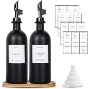 sunal Distributeur d'huile d'olivel,Noir 500ml/16,9 OZ distributeur d'huile avec plateau, 2 distributeurs d'huile de verre et de vinaigre avec 2 décanteurs Lestés,40 étiquettes,1 entonnoir (cuishaoweii, neuf)