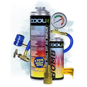 COOL5 5in1 - réparation A/C, remplacement R1234yf, pour la recharge de la climatisation pour les voitures après 2016 + Tuyau de mesure + Bombe de recharge + Adaptateur + Nettoyant universel 500ml (Clima Fix Set, neuf)