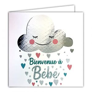Afie Carte Carr&eacute;e Argent&eacute;e Bienvenue &agrave; B&eacute;b&eacute; Mixte Gar&ccedil;on Fille F&eacute;licitations Naissance C&oelig;urs Nuage (A.F.W., neuf)