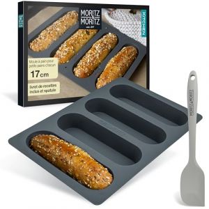 Moritz & Moritz Moule à hot dog et petit pain en silicone 17 cm – Moule à mini-baguette en silicone pour hot dogs, petits gâteaux et grandes barres de céréales, incl. maryse et carnet de recettes (ILP GmbH, neuf)