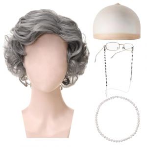 TUONYIS 5 Pièces Kit de Deguisement Grand Mere Perruque de Grand-Mère Grise Bonnet de Lunettes Chaîne de Lunettes Collier de Perles pour Halloween Journée Mondiale du Livre Cosplay Carnaval (Gris) (ZECAI TONG, neuf)