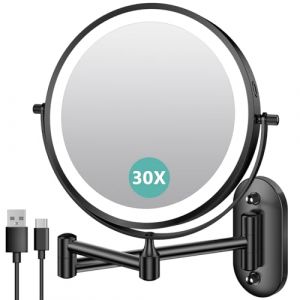 Auxmir 8 Pouces Miroir Grossissant Lumineux Mural x30, Miroir Grossissant Mural avec 3 Modes de Couleur, 1X/30X Grossissement Charge USB, Écran Tactile, 360° Pivotant et Extensible pour Salles de Bain (Auxmir Direct, neuf)
