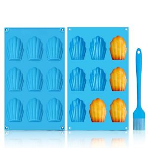 GlasFlength Moule Madeleine Silicone, Lot de 2 Moule a Madeleine 9 Cavit&eacute;s Moule Antiadh&eacute;sif en Forme de Coquille avec Brosse en Silicone pour Biscuits Chocolat Bonbons Pudding G&acirc;teau (Bleu) (JiChengXinYue, neuf)