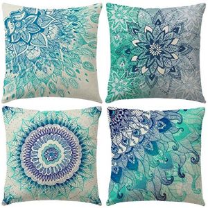 Gspirit Taie d'oreiller, Lot de 4 en Coton et Lin Imprimé Indien Hippie Bohémien Bleu Mandala Fleur Housse De Coussin carré pour Lit Voiture De La Maison Canapé 45 x 45 cm (Gspirit EU, neuf)