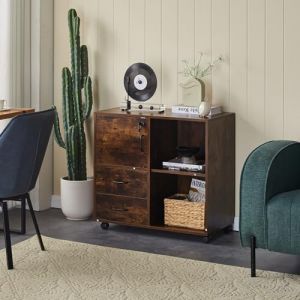 TUKAILAi Caisson de Bureau à 3 Tiroirs, Support Imprimante Mobile avec roulettes, Armoires de Rangement avec Étagères Ouvertes pour Format A4 Style Industriel (Marron Rustique) (TUKAILAI, neuf)