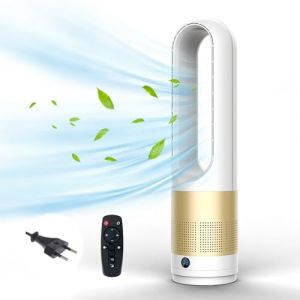 Ventilateur sans rotor avec purificateur d'air, ventilateur de la tour de 18 pouces calme avec télécommande, 8 vitesses, oscillation 80 °, 8H, affichage LED, ventilateur pour chambre (doré) (EagerMinds, neuf)