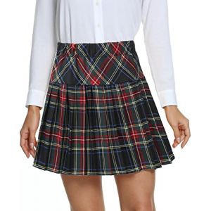 EXCHIC Femmes L'école Style A Ligne Elasticité Taille Haute Mini Plissée Jupe Plaid Ecossaise Kilt avec Pantalons(M, 18) (EEVASS, neuf)