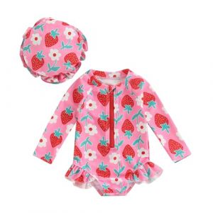 Carolilly Maillot de Bain Une Pièce Bébé Fille à Volant Imprimé Floral, Maillot de Bain Anti-UV à Manches Longues avec Chapeau (6 Mois à 3 Ans) (Rose Vif, 12-18 Months) (La Vie Brillante, neuf)