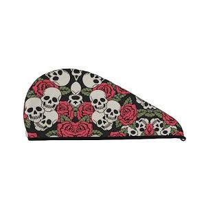 Serviette de séchage des cheveux imprimée tête de mort mexicaine Capuchon de cheveux secs en velours corail absorbant à séchage rapide avec bouton fixe pour sécher les cheveux longs et épais (DoubleShopShow, neuf)