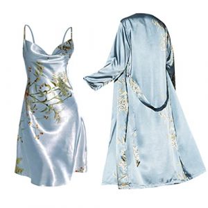 Chanpning Nuisette Femme,2 Pcs Robe De Chambre Cerisier Vert Satin Peignoir Long Kimono Sexy avec Ceinture Col V Babydoll Chemise De Nuit Déshabillé Luxueux Pyjama Lingerie Mariée Vêtements De Nuit (Blingko, neuf)